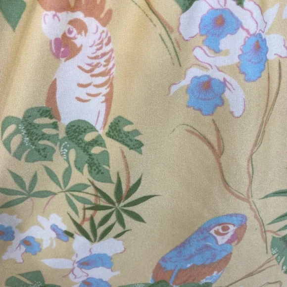 Vintage Pale Yellow Bird Palm Tree Hawaiian Coconut Girl Button Down - Picture 7 of 9